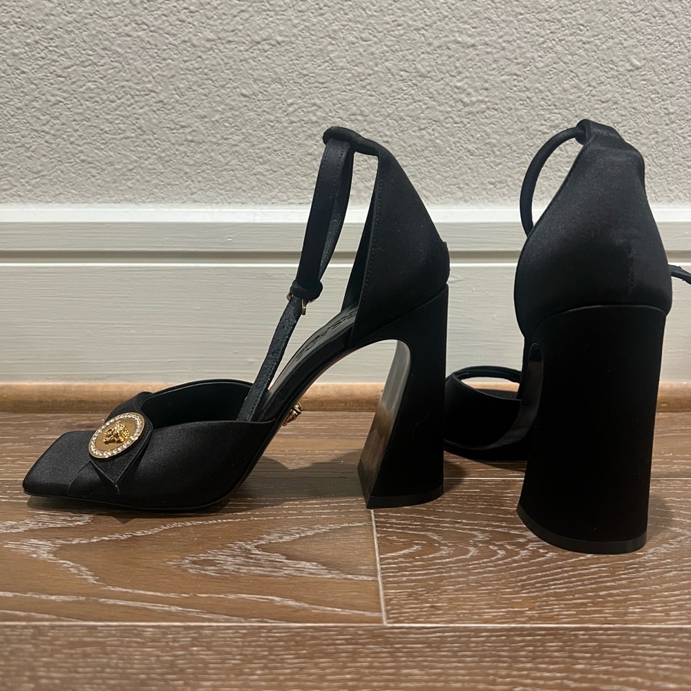 VERSACE BLACK SATIN BLOCK HEELS